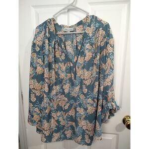Meera Lane Woman 5X Blouse Semi Sheer Floral V Neck Pullover Flowy Roll Tab